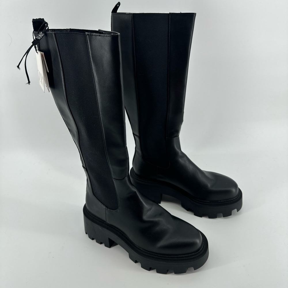 New Zara black tall combat clug boots size 7.5